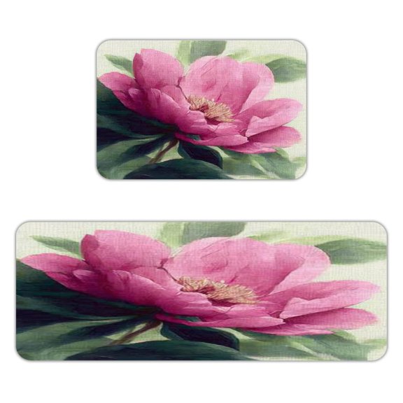 NIANHE Oft Pink Peony Kitchen Mats for Floor, Sets of 2, Soft Washable, Clear Print, Non Skid Waterproof Kitchen Rug for Sink Floor Sink Laundry Bar Office Room Home Cooks, 40x60cm+45x120cm