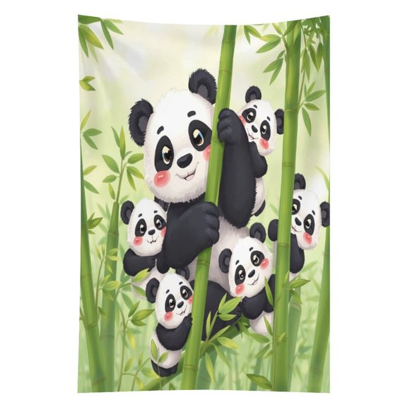 NIANHE Panda Family in The Bamboo Grove Tapestry in Green Fields, Polyester Printed Wall Hanging, Suitable for Bedroom, Dormitory and Living Room, Aesthetic Home Decoration,
