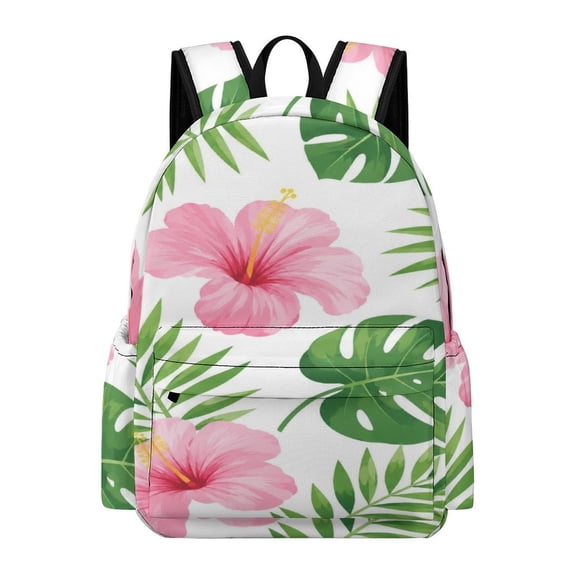 NIANHE Pink Hibiscus Tropical Leaf Pattern Printed Oxford Backpack,  Large Capacity Laptop Backpack, Water Resistant, Travel Daypack for College Work Commuting Adults,