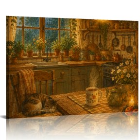 NIANHE Rainy Country Kitchen With Napping Cat Ready An Excellent Gift Choice, HD Print Framed Canvas Wall Art, Wall Art Suitable For Living Room Bedroom Kitchen Classroom Studio Family