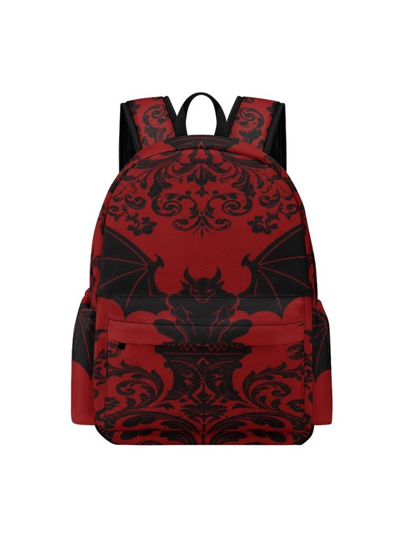 Red Damask Gargoyle Bat Wallpaper Printed Oxford Backpack, Large Capacity Laptop Backpack, Water Resistant, Travel Daypack for College Work Commuting Adults,