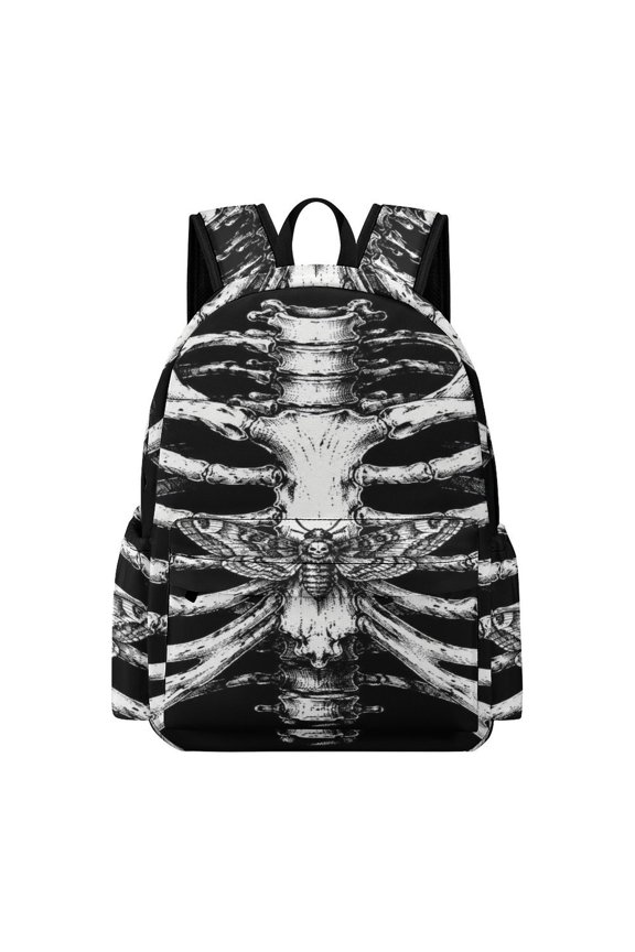 Rib Cage Skull Moth Printed Oxford Backpack,  Large Capacity Laptop Backpack, Water Resistant, Travel Daypack for College Work Commuting Adults,