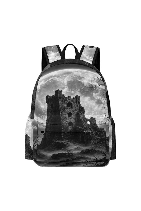 Ruined Stone Tower Misty Night Printed Oxford Backpack, Large Capacity Laptop Backpack, Water Resistant, Travel Daypack for College Work Commuting Adults,