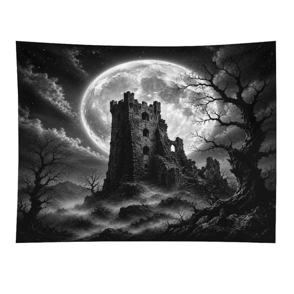 NIANHE Ruined Stone Tower Misty Night Tapestry, Polyester Print Wall Hanging Tapesties for Bedroom Dorm Living Room, Aesthetic Home Decor for Adults And Family,