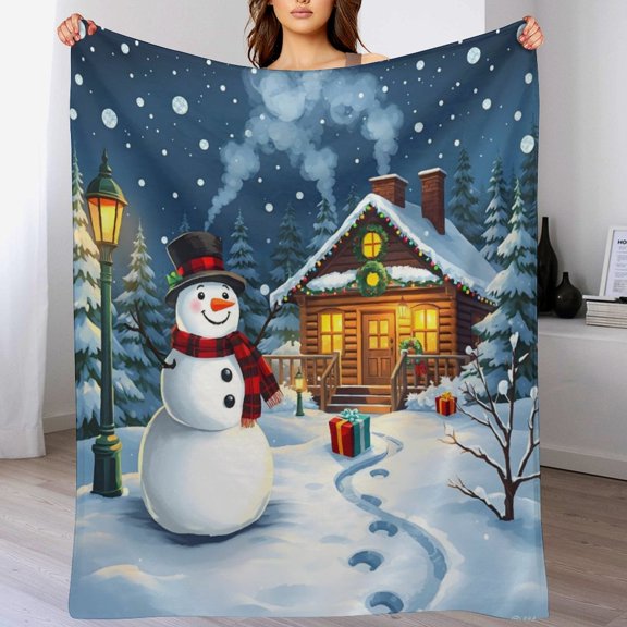 NIANHE SWinter Cabin Scene with Snowman blanket, comfortable and soft, warm casual blanket, printed design, winter sofa dormitory home decoration, must-have travel product. Size is 30x40 inches.