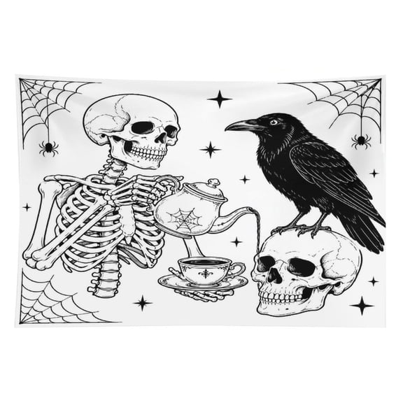 NIANHE Skeleton Raven Tea Tapestry, Polyester Print Wall Hanging Tapesties for Bedroom Dorm  Living Room, Aesthetic Home Decor for Adults And Family,