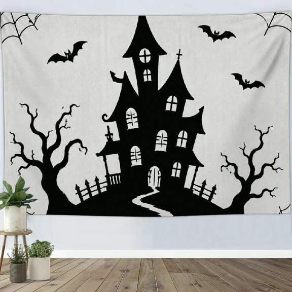 NIANHE Spider Web Haunted House Silhouette  Polyester Fabric Wall Hanging Decor, 100% Polyester Tapestry Wall Hanging,  Printed Tapestries for Bedroom Dorm Living Room Office Apartment Home .