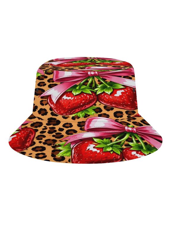 Strawberry Bow Leopard Print Bucket Hat, Soft, Printed, Packable Fisherman Sun Hat for Beach Travel Hiking Vacation, Sun Hat for Women Men,