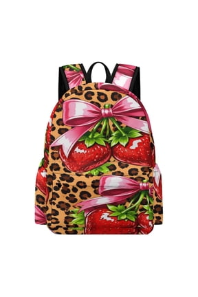 Strawberry Bow Leopard Print Printed Oxford Backpack, Large Capacity Laptop Backpack, Water Resistant, Travel Daypack for College Work Commuting Adults,