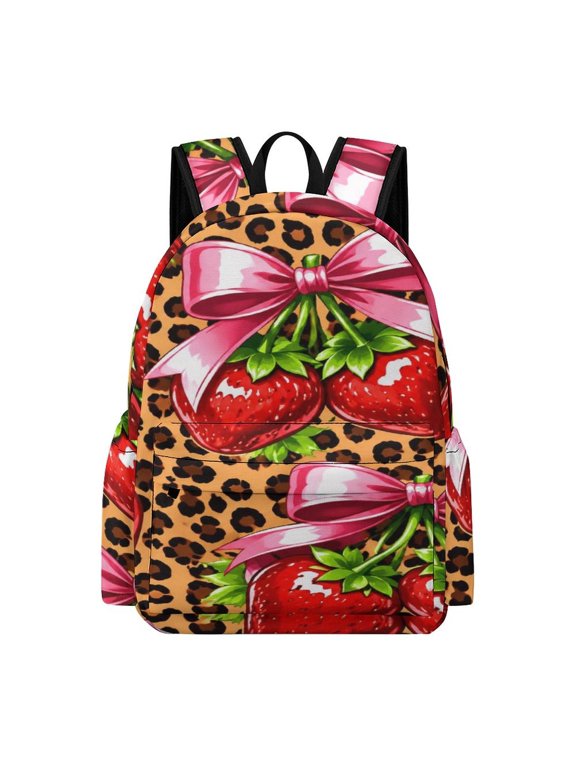 Strawberry Bow Leopard Print Printed Oxford Backpack, Large Capacity Laptop Backpack, Water Resistant, Travel Daypack for College Work Commuting Adults,