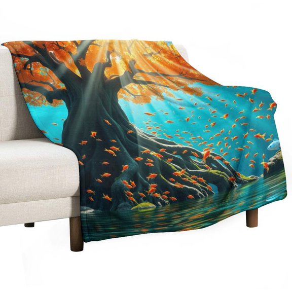 NIANHE Sunlight fish blanket, comfortable and soft, warm casual blanket, printed design, winter sofa dormitory home decoration, must-have travel product. Size is 50x60 inches.