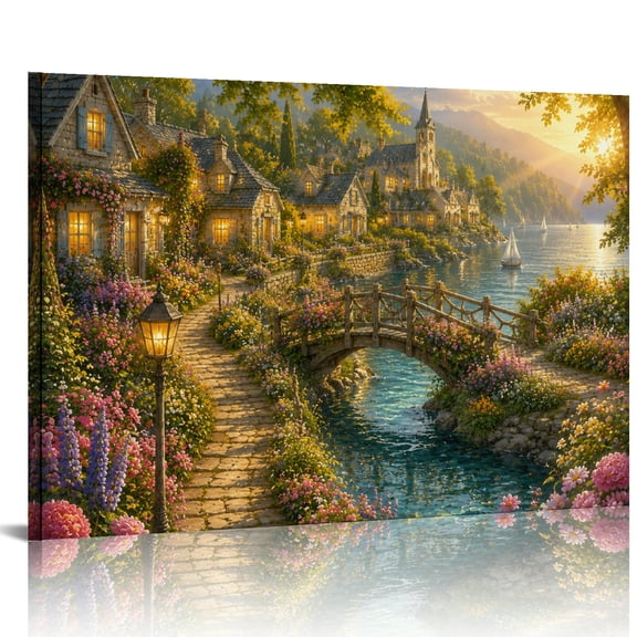 NIANHE Sunlit Lakeside Village Floral Path Scenery  Ready An Excellent Gift Choice,  HD Print Framed Canvas Wall Art, Wall Art Suitable For Living Room Bedroom Kitchen Classroom Studio Family
