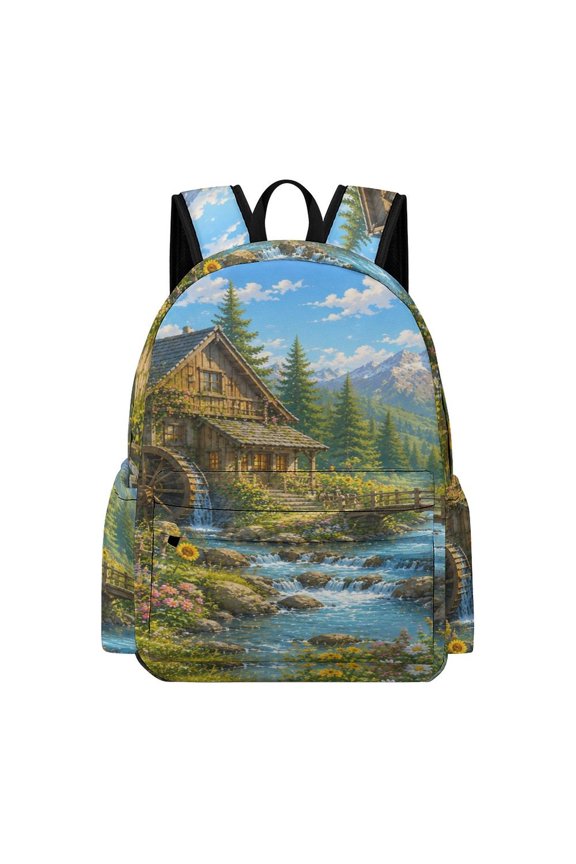 Watermill Cabin Stream View Printed Oxford Backpack, Large Capacity Laptop Backpack, Water Resistant, Travel Daypack for College Work Commuting Adults,