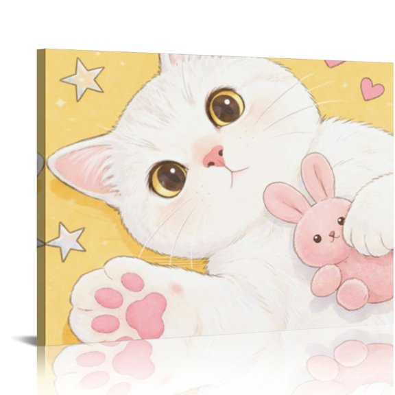 NIANHE White Cat with a Pink Bunny Plush Ready An Excellent Gift Choice, HD Print Framed Canvas Wall Art, Wall Art Suitable For Living Room Bedroom Kitchen Classroom Studio Family