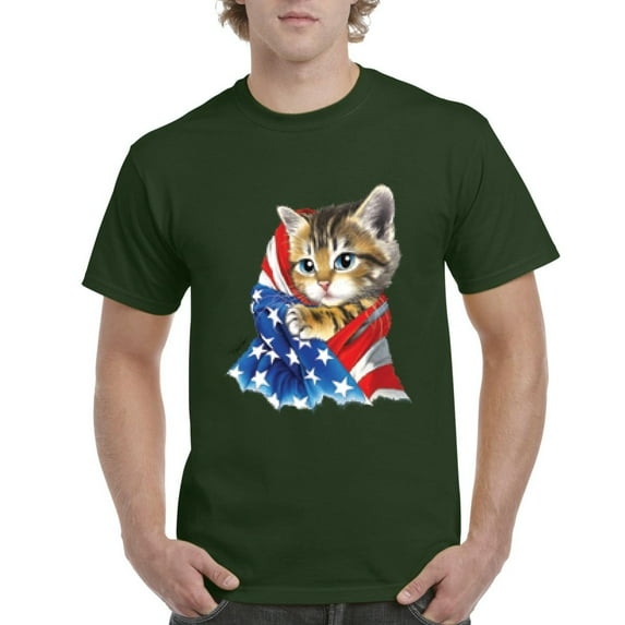 NIB - Men's T-Shirt Short Sleeve - American Flag 4th of July Kitty