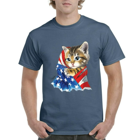 NIB - Men's T-Shirt Short Sleeve - American Flag 4th of July Kitty
