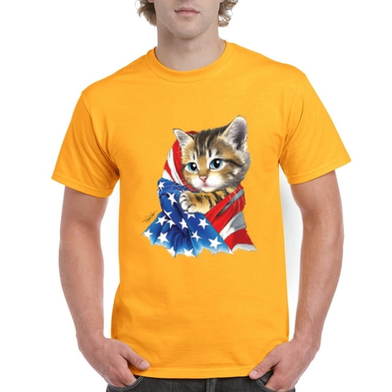 NIB - Men's T-Shirt Short Sleeve, up to Men Size 5XL - American Flag 4th of July Kitty