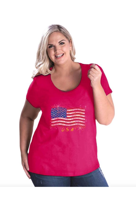 - Women's Plus Size Curvy T-Shirt - American Flag USA in Gold