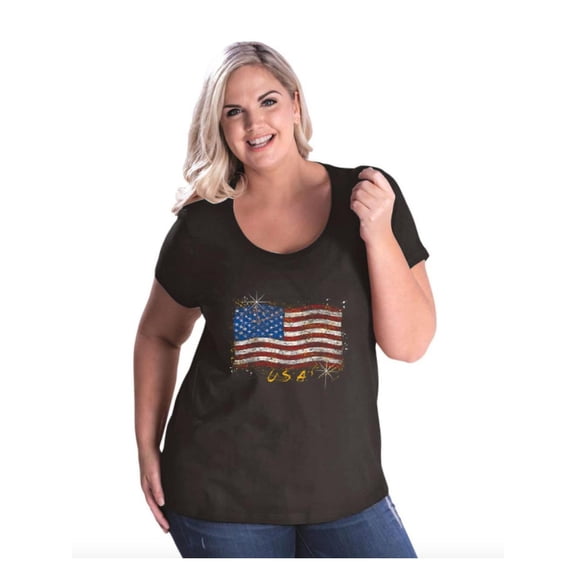 NIB - Women's Plus Size Curvy T-Shirt - American Flag USA in Gold