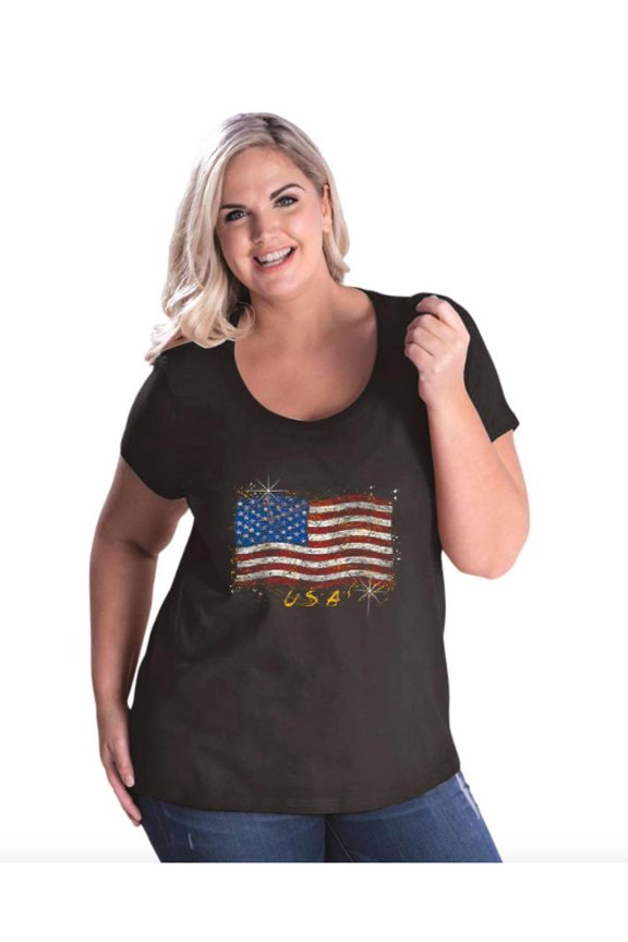 NIB - Women's Plus Size Curvy T-Shirt - American Flag USA in Gold