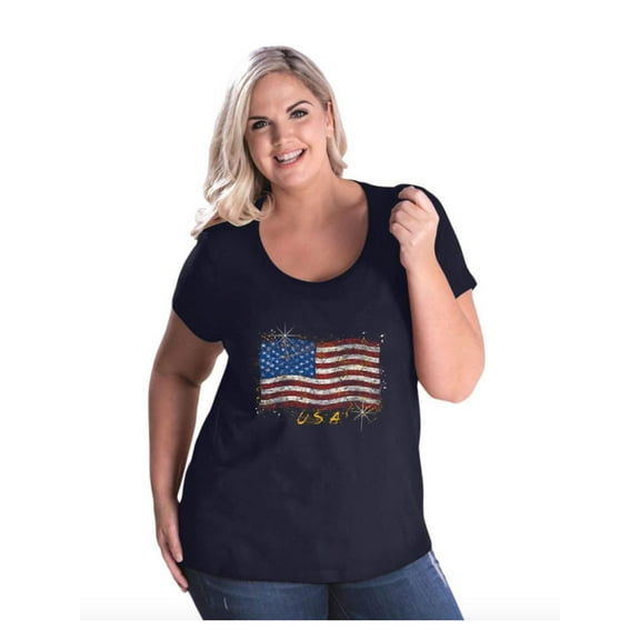 NIB - Women's Plus Size Curvy T-Shirt - American Flag USA in Gold