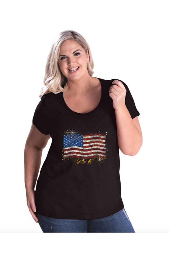 - Women's Plus Size Curvy T-Shirt - American Flag USA in Gold