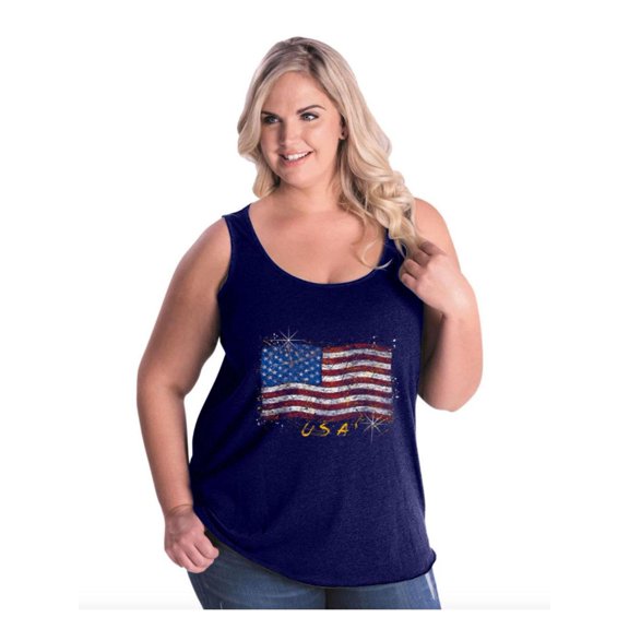 NIB - Women's Plus Size Tank Top - American Flag USA in Gold
