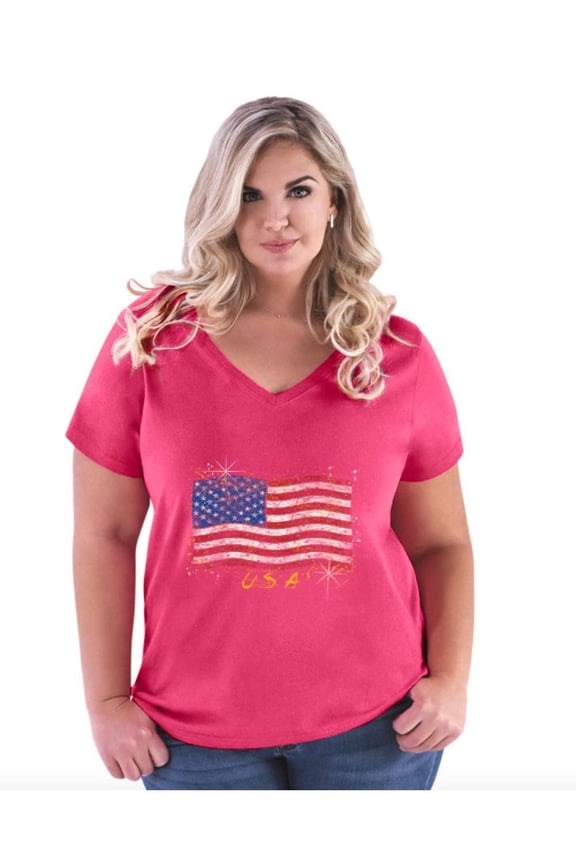 - Women's Plus Size V-neck T-Shirt - American Flag USA in Gold