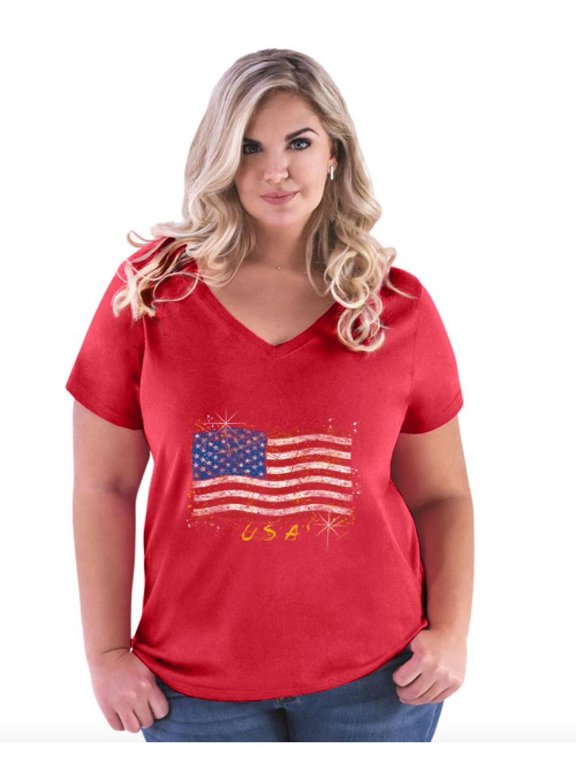 NIB - Women's Plus Size V-neck T-Shirt - American Flag USA in Gold