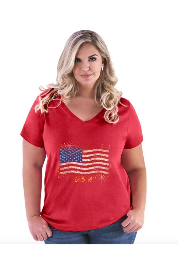 NIB - Women's Plus Size V-neck T-Shirt - American Flag USA in Gold