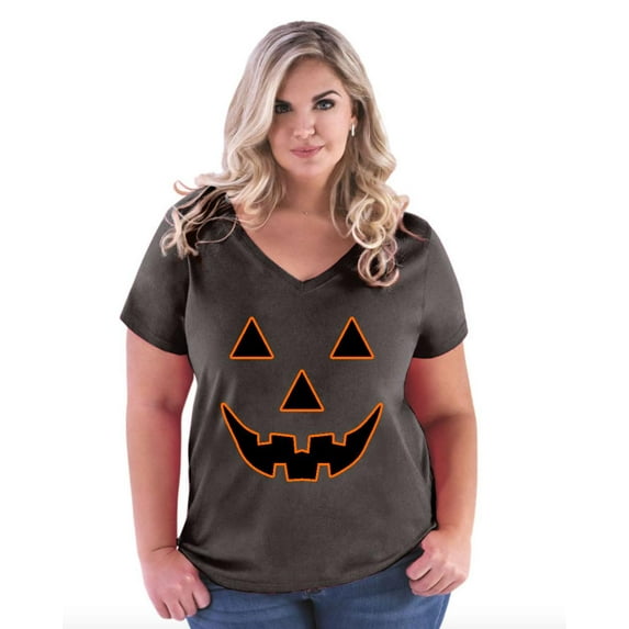NIB - Women's Plus Size V-neck T-Shirt - Halloween Costume Pumpkin Face