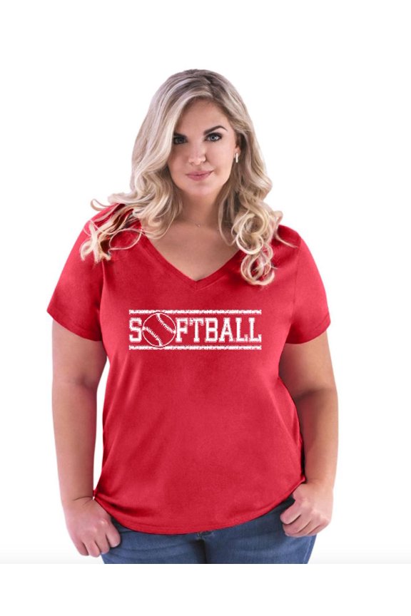 - Women's Plus Size V-neck T-Shirt - Softball with Ball