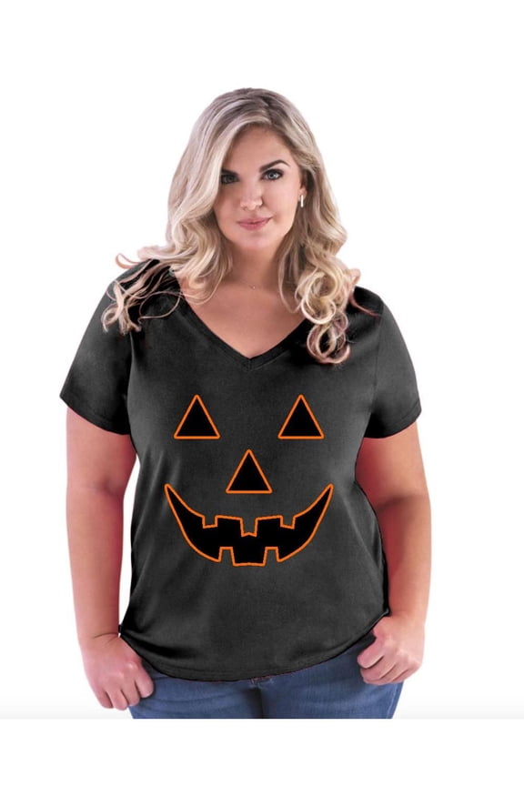 NIB - Women's Plus Size V-neck T-Shirt, up to Size 28 - Halloween Costume Pumpkin Face