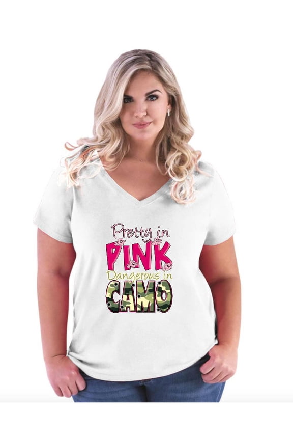 NIB - Women's Plus Size V-neck T-Shirt, up to Size 28 - Pretty in Pink Dangerous in Camo
