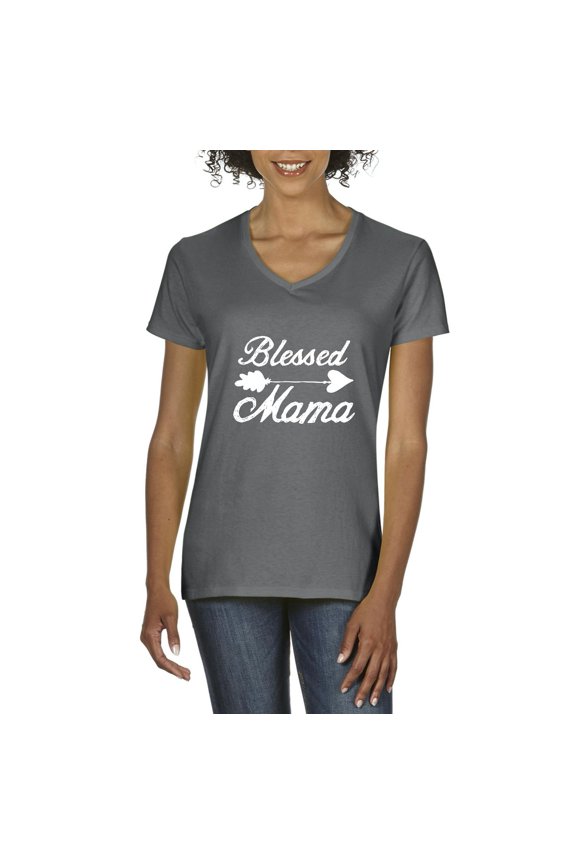 - Women's T-Shirt V-Neck Short Sleeve - Blessed Mama