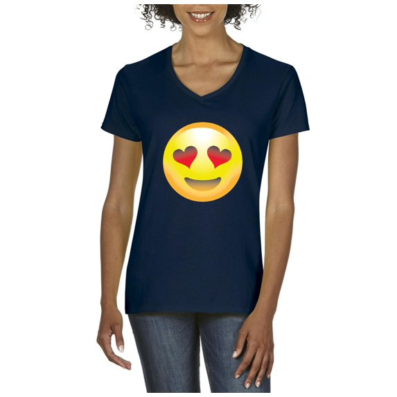 NIB - Women's T-Shirt V-Neck Short Sleeve - Emoji Heart-Shaped Eyes
