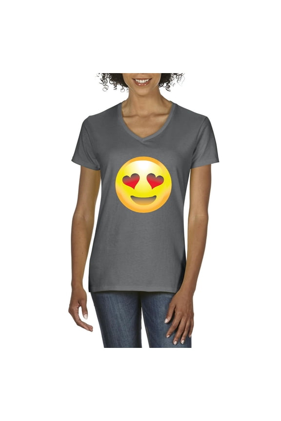 - Women's T-Shirt V-Neck Short Sleeve - Emoji Heart-Shaped Eyes