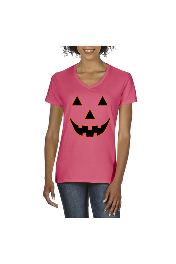 - Women's T-Shirt V-Neck Short Sleeve - Halloween Costume Pumpkin Face