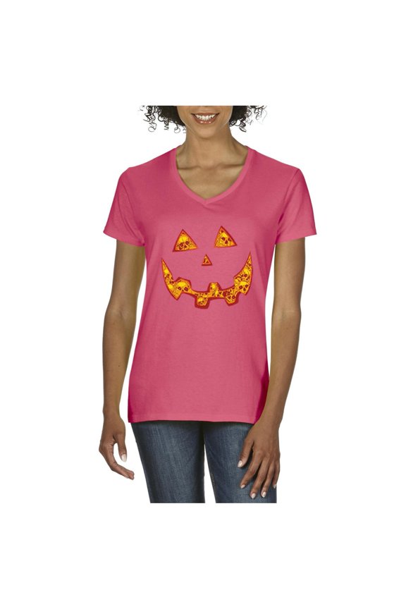 - Women's T-Shirt V-Neck Short Sleeve - Halloween Costume Pumpkin Face