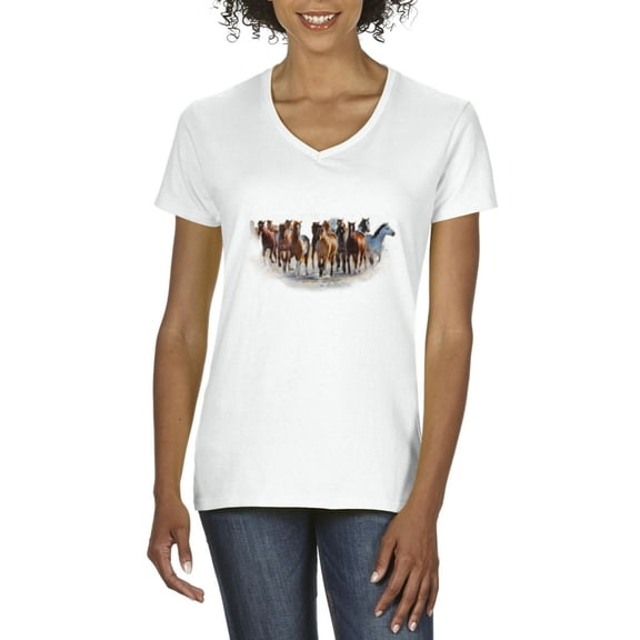 NIB - Women's T-Shirt V-Neck Short Sleeve - Horses Herd