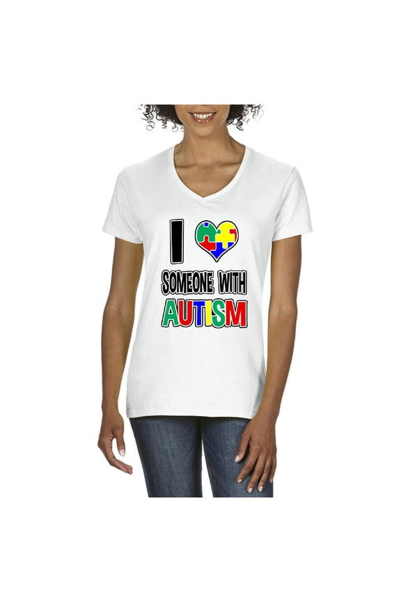 - Women's T-Shirt V-Neck Short Sleeve - I Love Someone With Autism