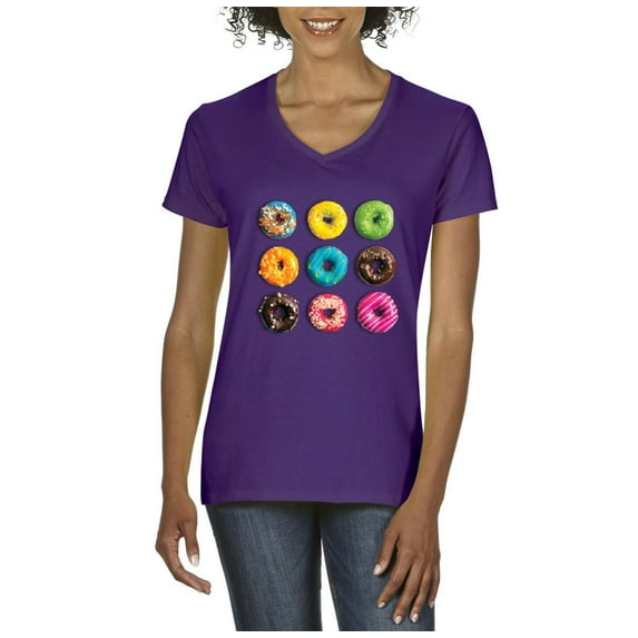 NIB - Women's T-Shirt V-Neck Short Sleeve - Love Food Donuts Doughnuts