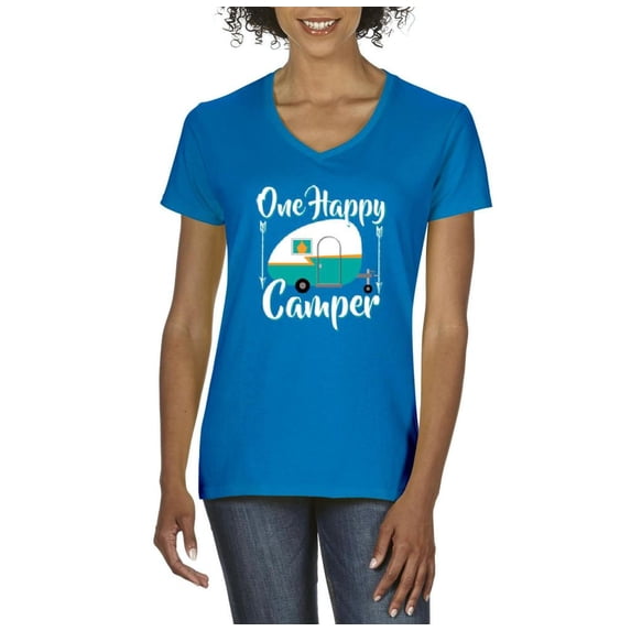 NIB - Women's T-Shirt V-Neck Short Sleeve - ONE HAPPY CAMPER