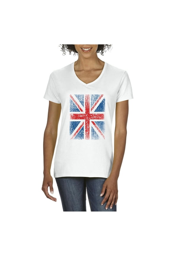 - Women's T-Shirt V-Neck Short Sleeve - Union Jack British Flag