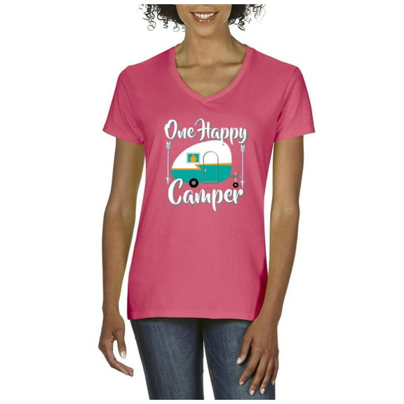 IWPF - Women's T-Shirt V-Neck Short Sleeve - ONE HAPPY CAMPER
