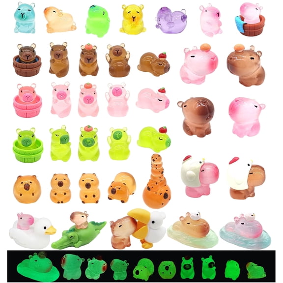 NIBERDA 42 Pcs Luminous Resin Mini Capybara Figurines, Glow in The Dark Tiny Plastic Capybara Figures Animals for Miniature Garden