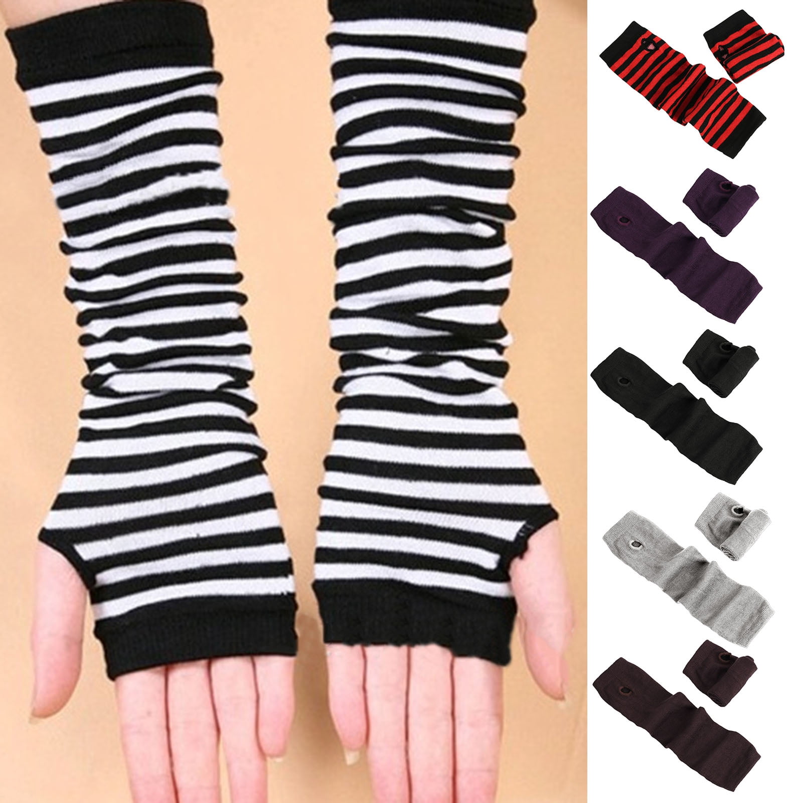 NIBOLOG 1 Pair Striped Half Finger Arm Covers Women Crochet Knitted Arm ...