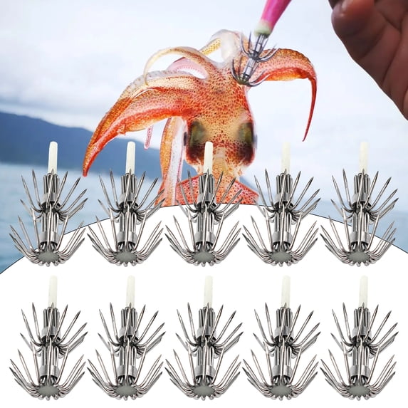 NIBOLOG 10Pcs Squid Hook Luminous Double-layers Anti-rust Corrosion-resistant Reusable Sharp Tip Universal High Strength Stainless Steel Sea Fishing Umbrella Hook Angling Supplies