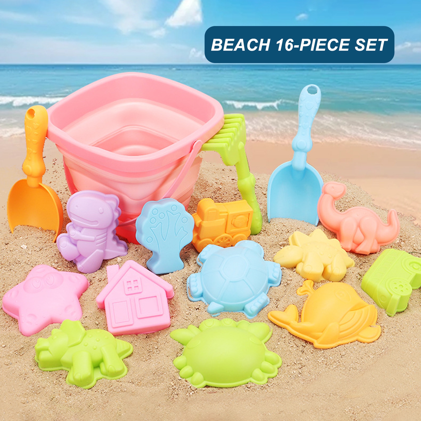 NIBOLOG 16Pcs/Set Kids Beach Sand Toy with Foldable Bucket Shovel Rake ...