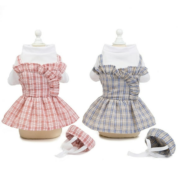 NIBOLOG 2Pcs/Set Pet Clothes Plaid Design Skin-friendly Breathable Pet Dog Stap Dress Hat Kit for Summer